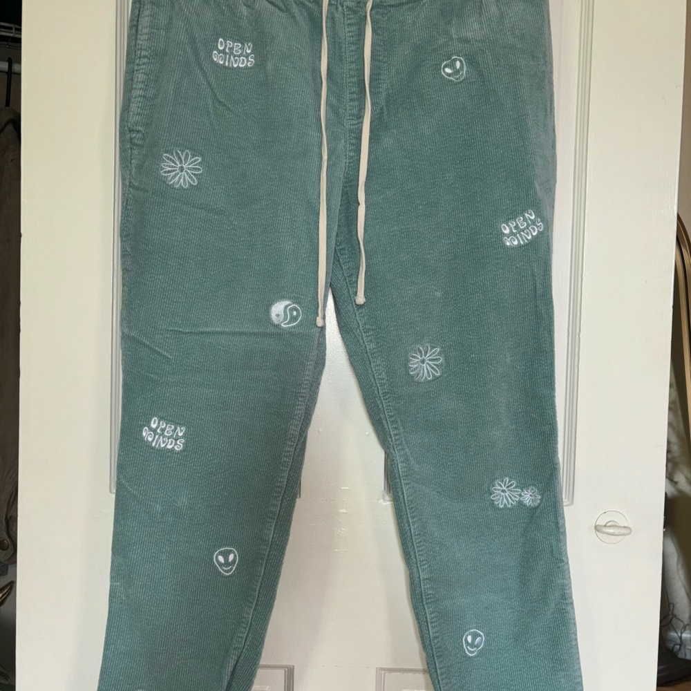 Green Corduroy Pants with Designs
